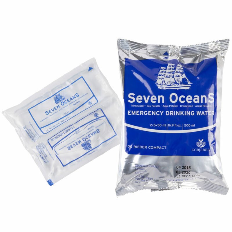 Seven Oceans Emergency Drinking Water is a high-quality survival ration designed for maritime emergencies. Packaged in durable sachets, it provides safe and hygienic drinking water with a shelf life of up to 5 years. Compact and lightweight, it complies with SOLAS standards, making it ideal for lifeboats, life rafts, and other survival situations.