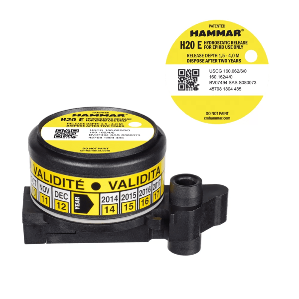 A Hydrostatic Release Unit (HRU) for an EPIRB (Emergency Position Indicating Radio Beacon) is a specialized safety device designed to ensure the automatic deployment of the EPIRB in emergencies, such as when a vessel is sinking. The HRU is typically mounted alongside the EPIRB in its bracket and operates based on water pressure. When submerged to a depth of approximately 1.5 to 4 meters, the HRU activates by cutting a securing mechanism, such as a plastic bolt or strap. This action releases the EPIRB, allowing it to float to the surface. Once on the surface, the EPIRB automatically begins transmitting a distress signal to satellites, ensuring that rescue authorities are alerted to the vessel's location. The HRU is compact, durable, and maintenance-free, with a typical service life of two years. It is an essential component for maritime safety, ensuring that the EPIRB can deploy even if the crew is unable to release it manuallyA Hydrostatic Release Unit (HRU) for an EPIRB (Emergency Position Indicating Radio Beacon) is a specialized safety device designed to ensure the automatic deployment of the EPIRB in emergencies, such as when a vessel is sinking. The HRU is typically mounted alongside the EPIRB in its bracket and operates based on water pressure. When submerged to a depth of approximately 1.5 to 4 meters, the HRU activates by cutting a securing mechanism, such as a plastic bolt or strap. This action releases the EPIRB, allowing it to float to the surface. Once on the surface, the EPIRB automatically begins transmitting a distress signal to satellites, ensuring that rescue authorities are alerted to the vessel's location. The HRU is compact, durable, and maintenance-free, with a typical service life of two years. It is an essential component for maritime safety, ensuring that the EPIRB can deploy even if the crew is unable to release it manually.
