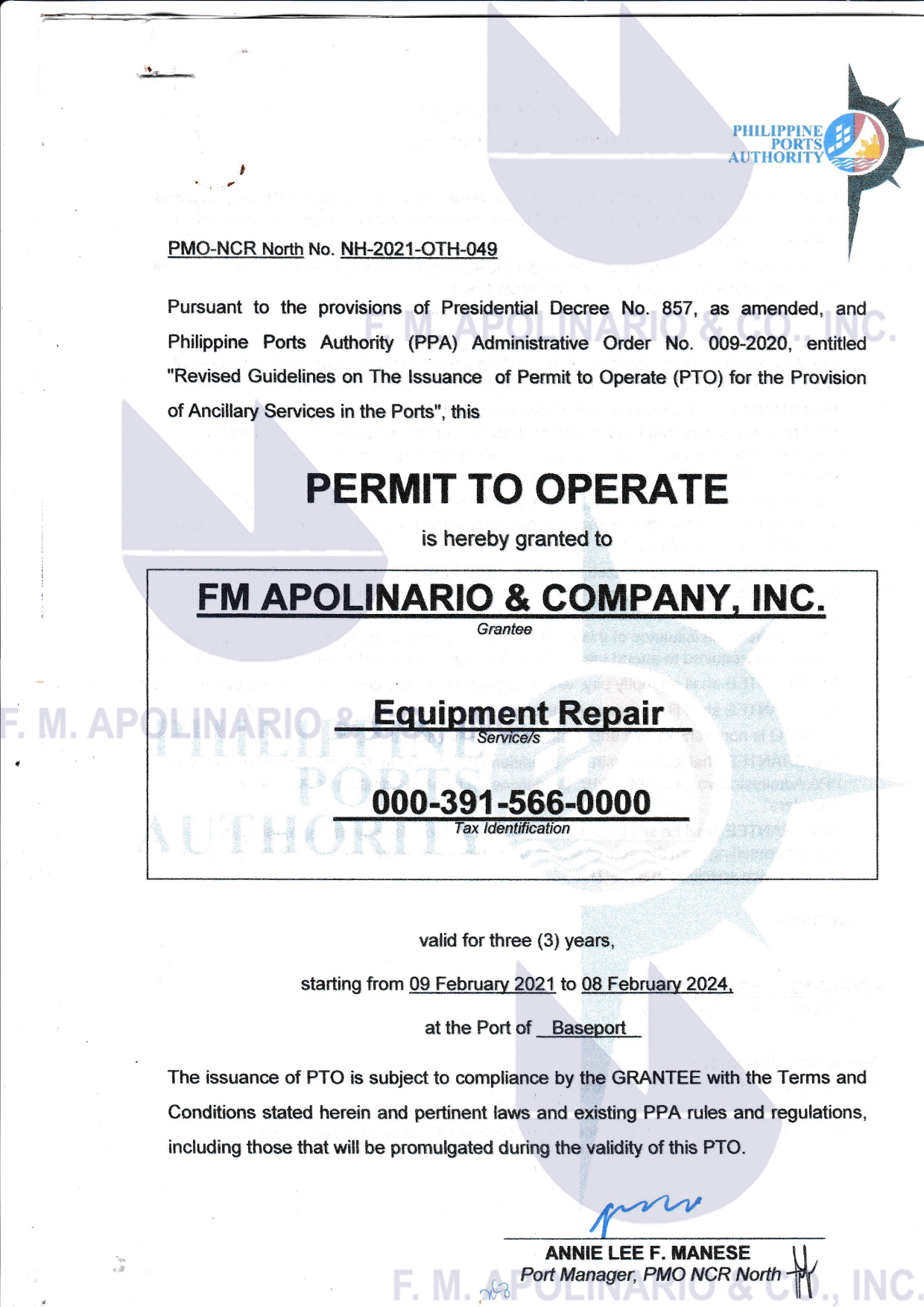 PPA North Harbor Certificate